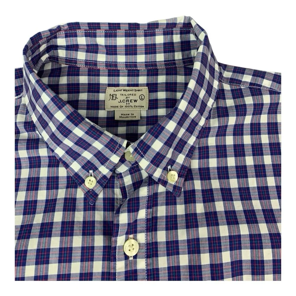 J Crew Long Sleeve Button Up Shirt Lightweight Cotton, Purple Plaid, Mens Large